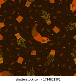 Seamless vector pattern with cute sleeping cats on pillows, potted flowers,twigs,leaves,houses, moon,clouds. Stay at home concept. On dark brown background.For fabric, wrapping paper, backgrounds.