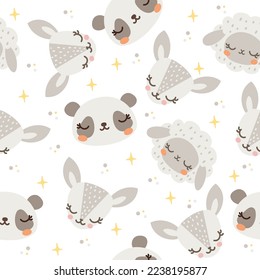 Seamless vector pattern. Cute sleeping animals, stars. Panda, deer, father, ram, antelope. Background for children's products on white background 
