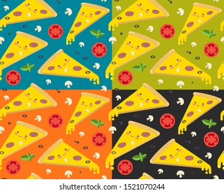 Seamless vector pattern with cute slice of pizza character. Endless colorful background for cafe, pizzeria or  restaurant. Trendy flat cartoon style.