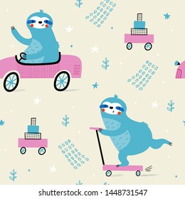 Seamless vector pattern with cute sloths on cars for typography poster, card, label, brochure, flyer, page, banner design. Vector illustration background in blue and pink.