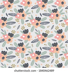 Seamless vector pattern with cute small abstract flowers on a gray background, repeat floral texture. Ideal for wrapping paper, wallpaper, fabric and other printing.