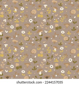 seamless vector pattern with a cute small pattern of forest flowers, snails, butterflies, berries and mushrooms