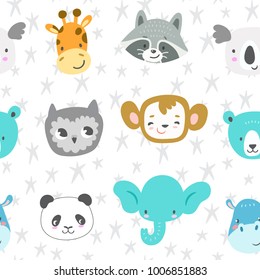 Seamless vector pattern with cute  smiling animal heads. Cartoon elephant, monkey, raccoon, panda, owl, giraffe, bear, koala and hippo. Funny zoo characters.