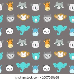 Seamless vector pattern with cute  smiling animal heads. Cartoon elephant, monkey, raccoon, panda, owl, giraffe, bear, koala and hippo. Funny zoo characters.