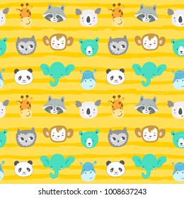 Seamless vector pattern with cute  smiling animal heads. Cartoon elephant, monkey, raccoon, panda, owl, giraffe, bear, koala and hippo. Funny zoo characters.