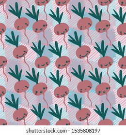 A seamless vector pattern with cute smiling beetroots in pastel colors. Surface print design.