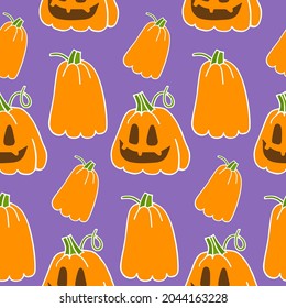 Seamless vector pattern of cute smiling pumpkins. Pumpkin texture for Halloween. Cartoon print for Halloween. Creepy orange pumpkins in the style of doodles. For wrapping paper, textiles.