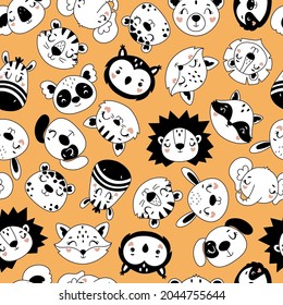 Seamless vector pattern with cute smiling animal heads on a yellow background. Vector illustration for kids. Perfect for fabric, wrapping, textile, wallpaper, apparel. 