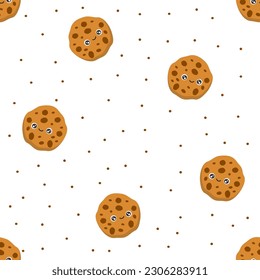 Seamless vector pattern. Cute smiling cookies. Oatmeal cookies with chocolate. 