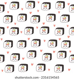 Seamless vector pattern. Cute smiling sushi, sushi with shrimp. Rolls, Japanese food 