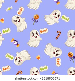 Padrão de vetor perfeito com fantasmas sorridentes bonitos, doces de Halloween e texto de Boo divertido em um fundo roxo claro