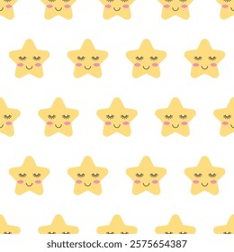 Seamless vector Pattern of Cute Smiling Stars. Charming seamless pattern of yellow stars with rosy cheeks on white background. Ideal for kids' designs and decor