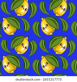 Seamless vector pattern with cute smiling lemons and green leaves on vibrant blue background. Playful Mediterranean-inspired design perfect for kids’ products, summer decor, and cheerful packaging.