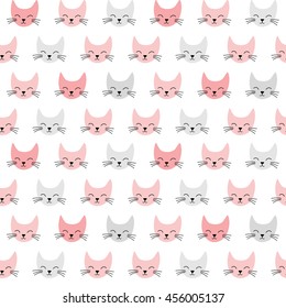 Seamless vector pattern with cute smiling cats. Background in pink and gray.