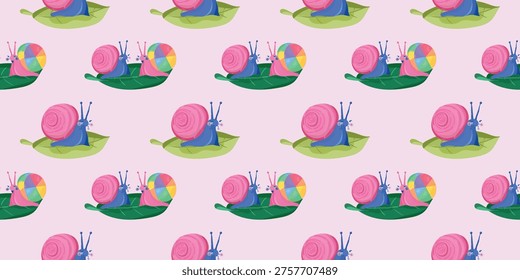 Seamless Vector Pattern with Cute Snails on Pink Background