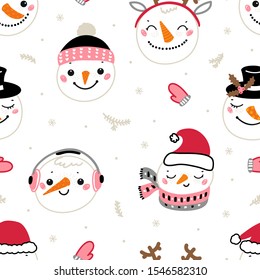 Seamless Vector Pattern of Cute Snowman Faces. Winter Holiday Background with Cartoon Funny Doodle Snowman Heads. Christmas and New Year Design