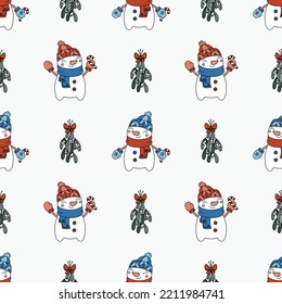 Seamless vector pattern with cute snowman and mistletoe plant. Christmas theme design. Hand drawn background for kids room decor, fabric, wallpaper, wrapping paper, textile, gift, card, packaging.