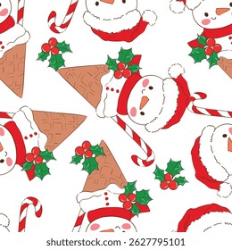 Seamless Vector Pattern with Cute Snowman Ice Cream on White Background for Christmas and Winter Hand Drawn 