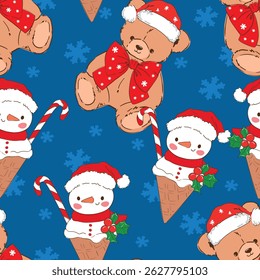 Seamless Vector Pattern with Cute Snowman Ice Cream and Teddy Bear on Blue Background for Christmas and Winter Hand Drawn 