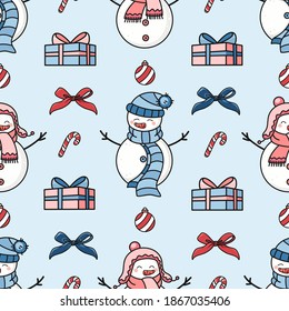 Seamless vector pattern with cute snowmen with gift, ribbon bow and ornament. Christmas theme hand drawn background for kids room decor, card, print, poster, advertising, fabric, wrapping paper, web.