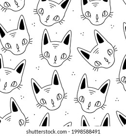 Seamless vector pattern with cute sphinx cat in cartoon doodle style on white background. Print with cats.