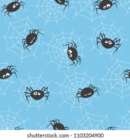 Seamless vector pattern with cute spiders and spider webs. Halloween theme.