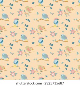 Seamless vector pattern with cute spring birds