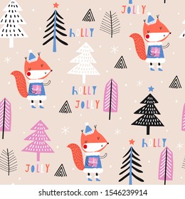 Seamless vector pattern with cute squirrel. Can be used for wallpaper, pattern fills, web page background, surface textures, gifts. Creative Hand Drawn textures for winter holidays in orange and blue.