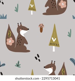 Seamless vector pattern with cute squirrels in the wood. Woodland Cartoon Animals Background. design for fabric, wrapping, textile, wallpaper, apparel and all your creative project.
