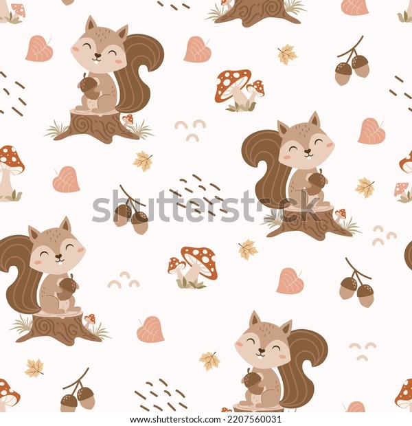 Seamless vector pattern with cute squirrels in\
the wood. Woodland Cartoon Animals Background. design for fabric,\
wrapping, textile, wallpaper, apparel and all your creative\
project.