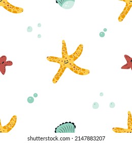 Seamless vector pattern with cute starfishes and shells. Colorful childish texture. Summer underwater creatures background for package, wrapping paper, print, card, fabric, textile, wallpaper, web