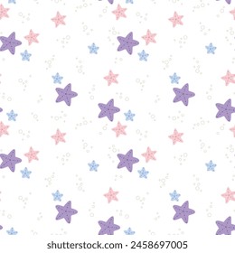 Seamless vector pattern with cute starfishes. Kawaii coastal print. Hand drawn summer background for kids room decor, nursery art, apparel, fabric, wallpaper, gift, textile, packaging, wrapping paper.