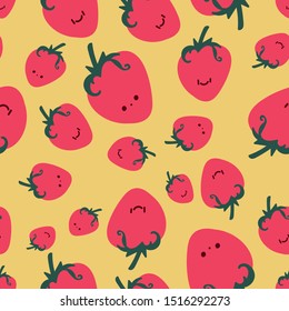 A seamless vector pattern with cute strawberries on a yellow background. Surface print design.