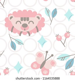 Seamless vector pattern with cute stylized animals, butterfly, and leaves. Design for decoration of kids accessories.