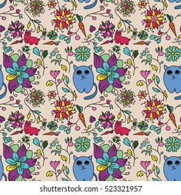 Seamless vector pattern with cute stylized flowers and animals