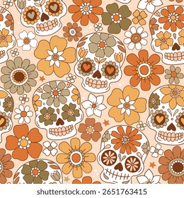 Seamless vector pattern with cute sugar skulls and vintage flowers. Hand drawn floral calavera background. Spooky Halloween skull drawing.  EPS 10 vector file. Perfect for textile or print design.