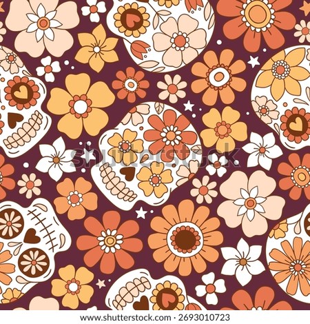 Seamless vector pattern with cute sugar skulls and vintage flowers. Hand drawn floral calavera background. Spooky Halloween skull drawing. EPS 10 vector file. Perfect for textile or print design.