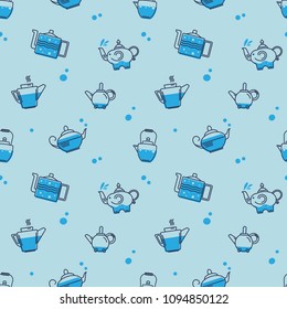 Seamless vector pattern with cute teapots on light blue background