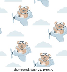 Seamless vector pattern. Cute teddy bear flying through the sky on an airplane. Blue clouds. Delicate pattern for children's clothes 