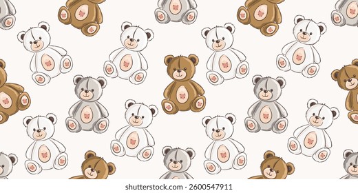 Seamless vector pattern of cute teddy bears for playful kids designs. Vector illustration