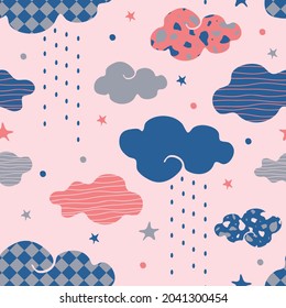 Seamless vector pattern with cute textured clouds on pink background. Simple dream weather wallpaper design for children. Decorative rain fashion textile.