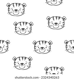 Seamless vector pattern. Cute tiger cub hand-drawn in marker or felt-tip pen. Pattern with a child's drawing 