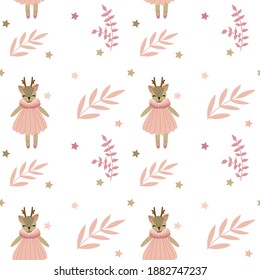 Seamless vector pattern with cute tilde deer and leaves, stars on a white background for prints on kids clothes, toys, decor