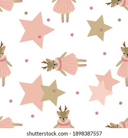 Seamless vector pattern with cute tilde deer and leaves, stars on a white background for printing on children's clothes, toys, decor