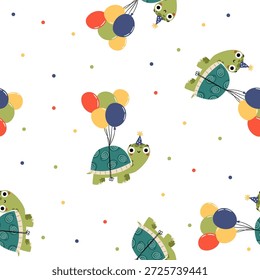 Nahtloses Vektormuster.  süße Schildkröte mit Geburtstagsmütze und Ballons