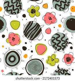 Seamless vector pattern with cute turtles, tortoises, terrapins. Decorative background, funny texture