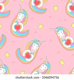Seamless vector pattern with cute unicorn showing a heart on a pink background. For girls.