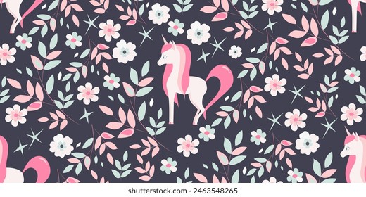 Seamless vector pattern with cute unicorn, garden flowers and herbs on a dark background. Great for printing on fabric and paper. Children's print