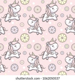 Seamless vector pattern with cute unicorns and flowers on pink background. Template for children textile, wallpaper and wrapping paper. 