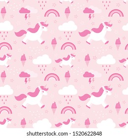 Seamless Vector Pattern with Cute Unicorns, Stars, Raindows and Ice-cream on Pink Background. Perfect for Fabric, Wallpaper, Wrapping Paper or Baby Decor.